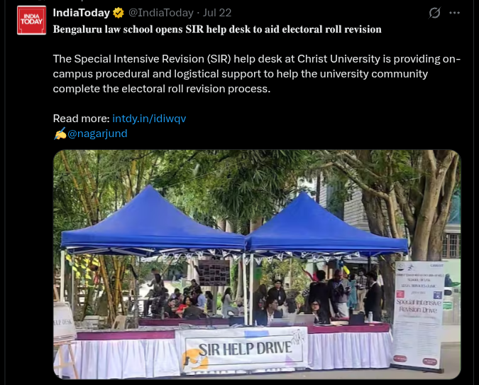 India Today post about SIR help desk