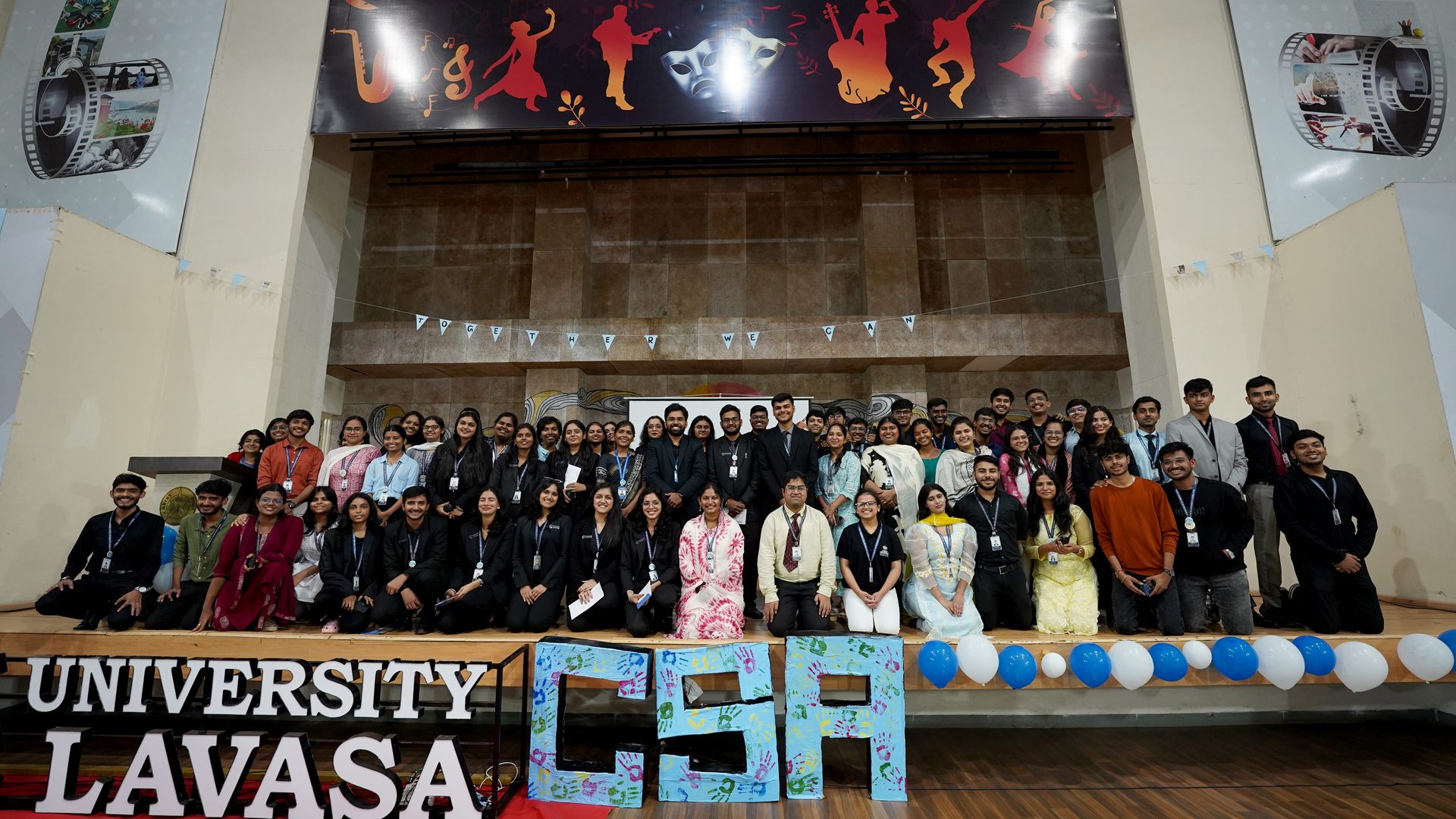 CSA student volunteers and leaders on stage at the CSA inauguration, CHRIST (Deemed to be University), Pune Lavasa Campus