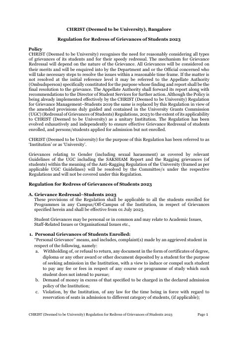 Regulation for Redress of Grievances of Students 2023