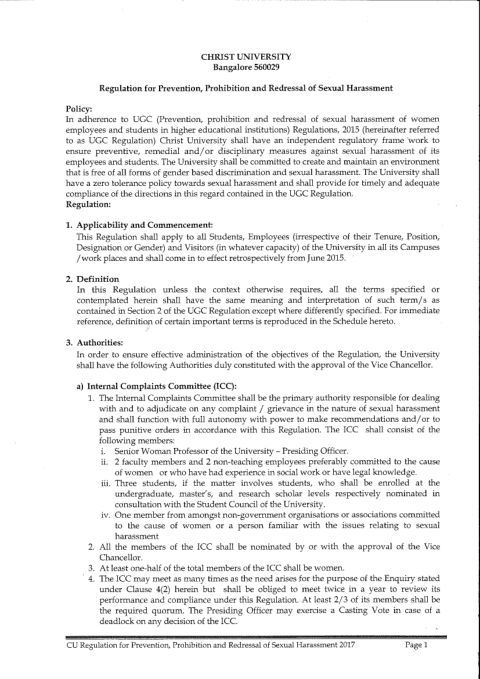 Regulation for Prevention, Prohibition and Redressal of Sexual Harassment