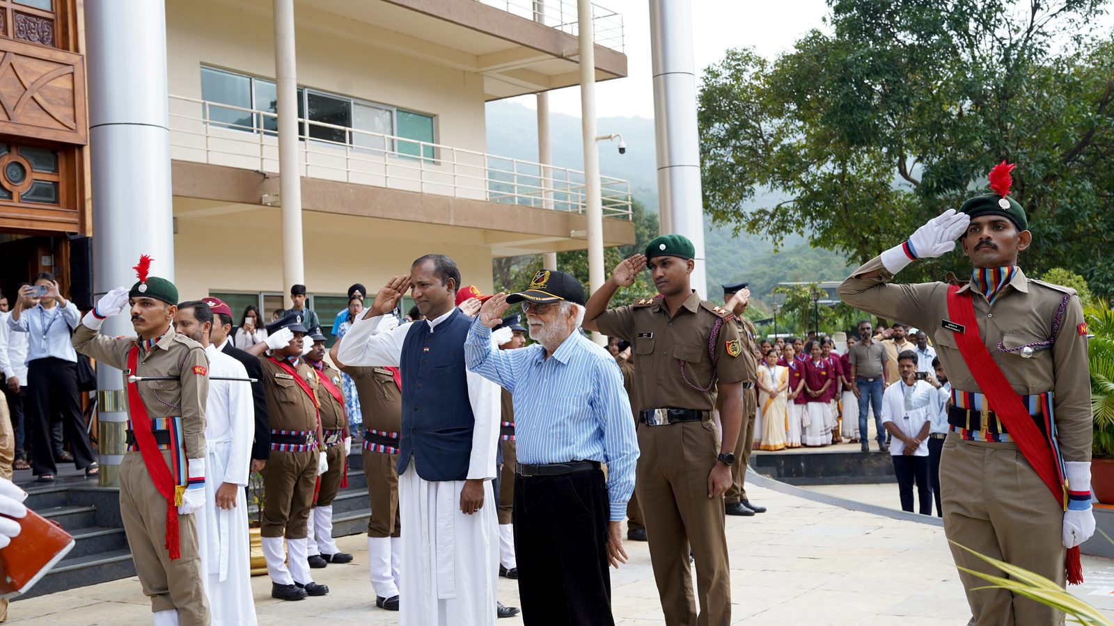 NCC guard saluting at the Independence Day flag hoisting, CHRIST Pune Lavasa Campus