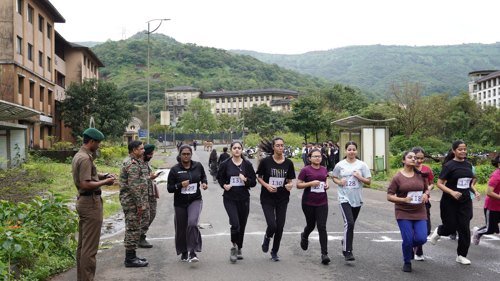 Candidates on the timed run during the physical efficiency test, CHRIST Pune Lavasa Campus
