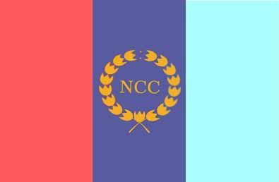 The National Cadet Corps tricolour flag with the NCC crest in gold encircled by a wreath of lotus