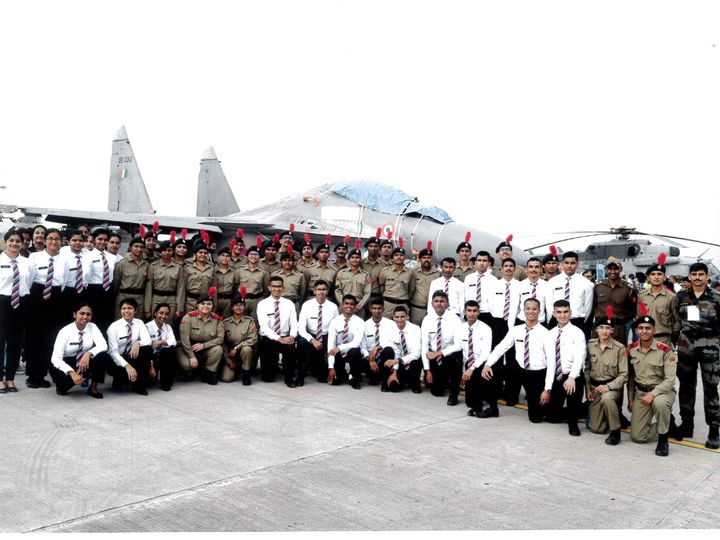 NCC cadets with a Sukhoi Su-30 fighter at the air show, Air Force Station Pune, CHRIST Pune Lavasa Campus