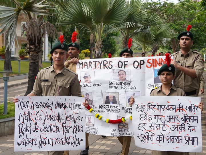 Cadets carrying the tribute placard for the martyrs of Operation Sindoor, CHRIST Pune Lavasa Campus