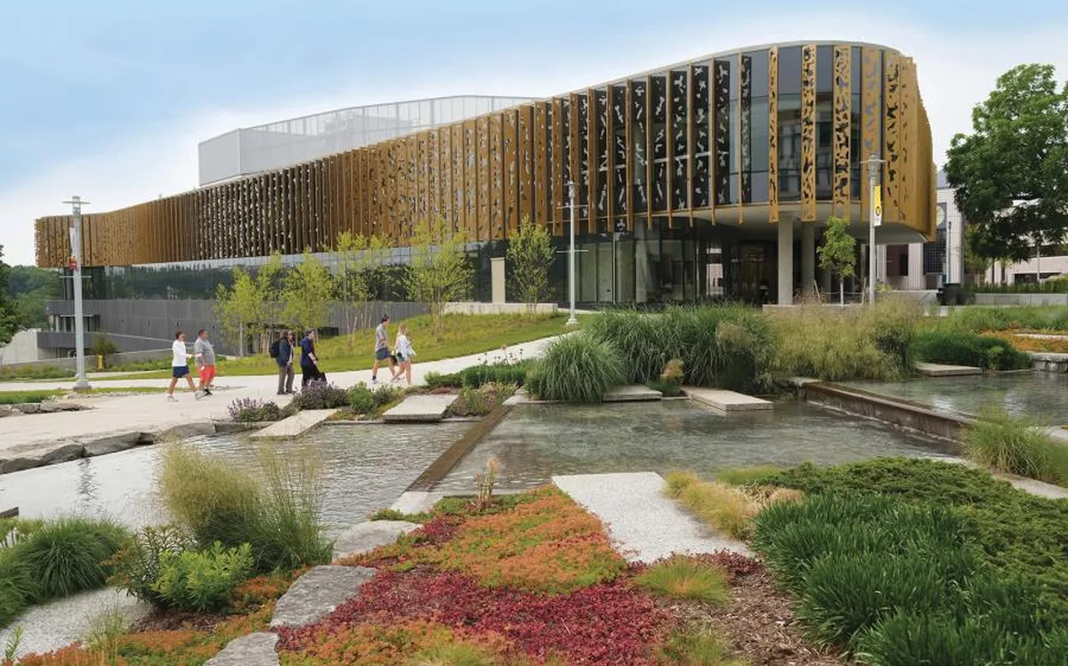 A timber-screened academic building on the Western Michigan University campus, USA