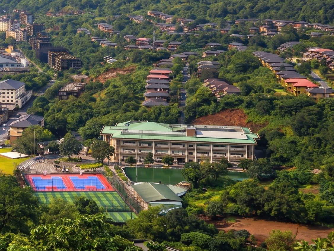 Aerial view of the academic building and sports courts at CHRIST Lavasa