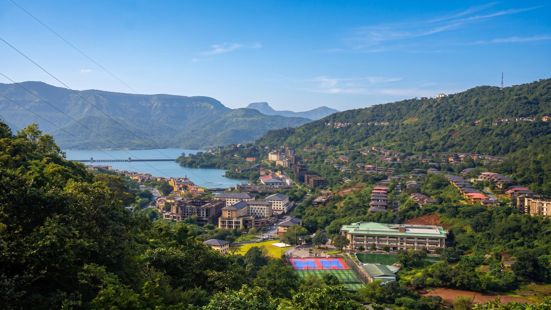 Panoramic view of the CHRIST Lavasa campus set among the Sahyadri hills
