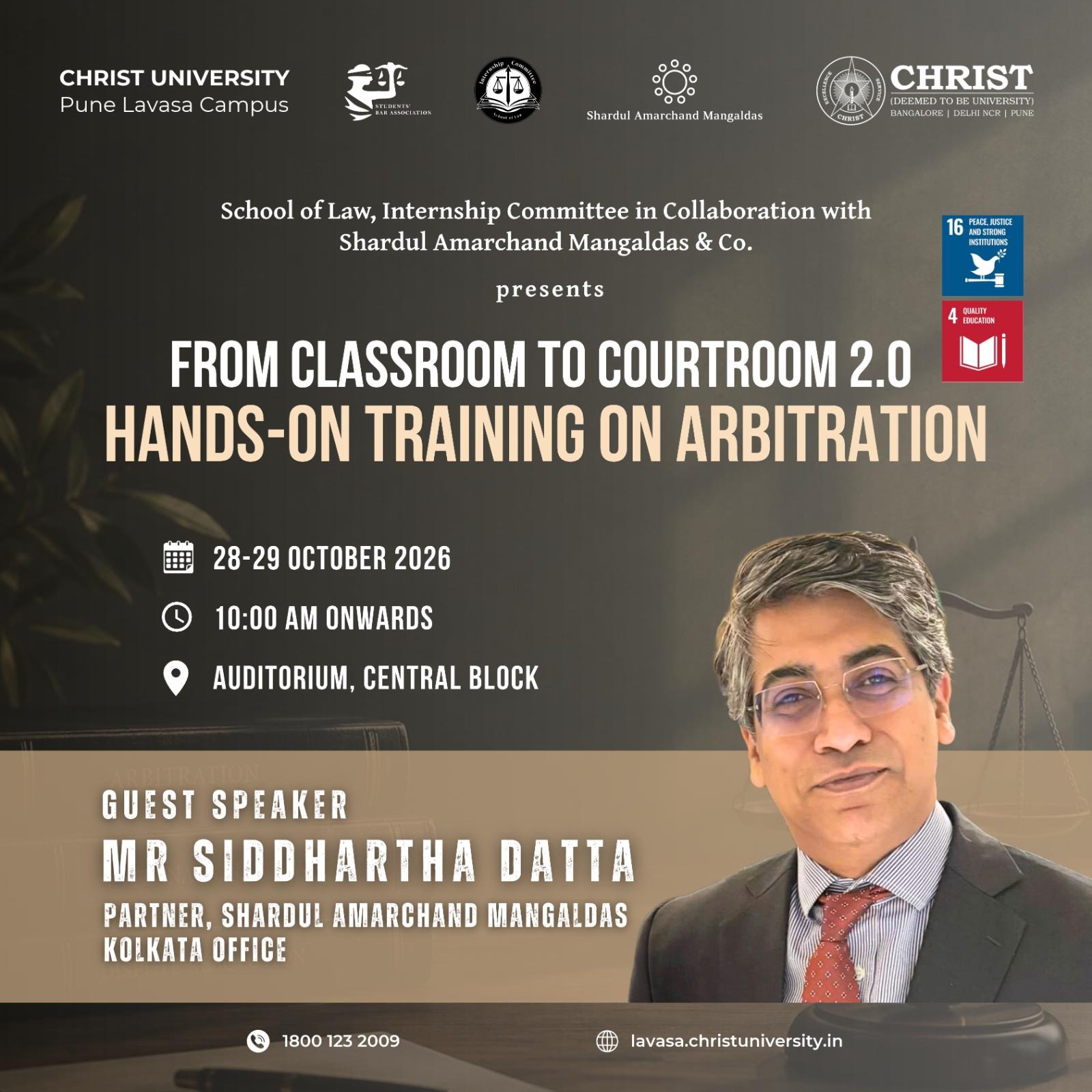 From Classroom to Courtroom 2.0: Hands-on Training on Arbitration poster, 28 and 29 October 2026, Auditorium, Central Block
