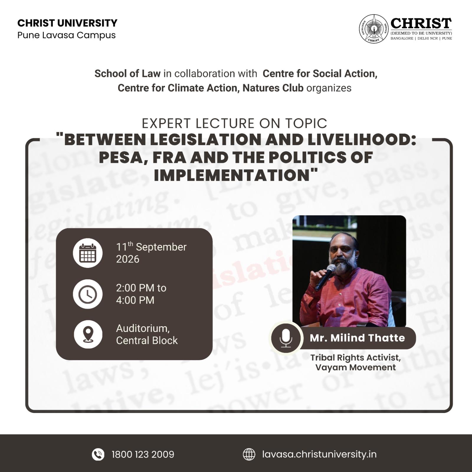Expert Lecture poster — Between Legislation and Livelihood: PESA, FRA and the Politics of Implementation