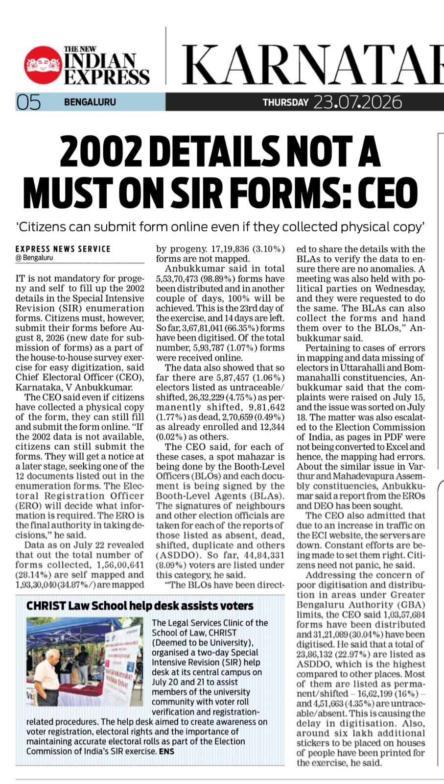 The New Indian Express coverage of SIR help desk